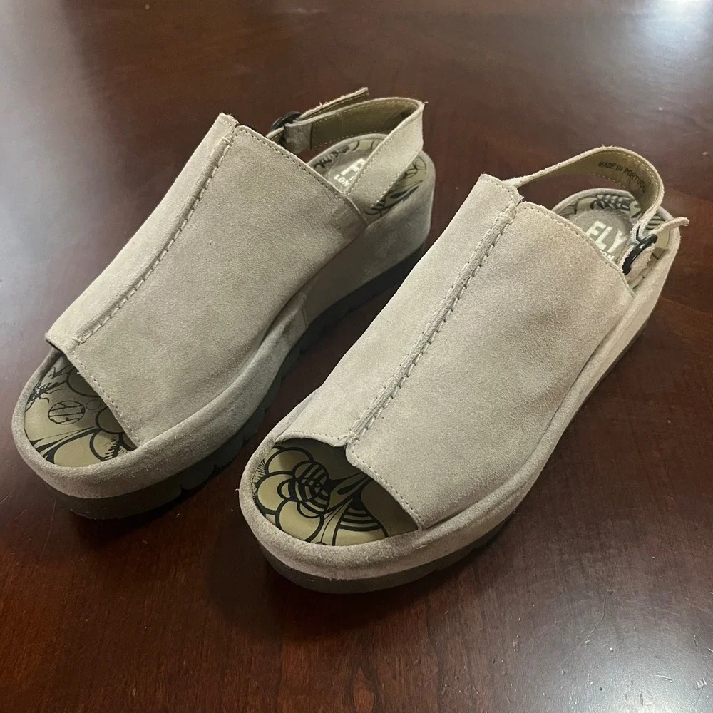 Fly London Suede Platform Slingback Sandals Taupe Grey Peep Toe 500611007 Sz 39